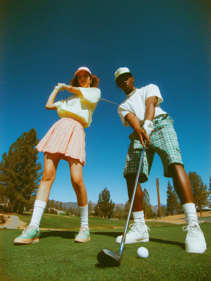 Two golfers lining up a drive